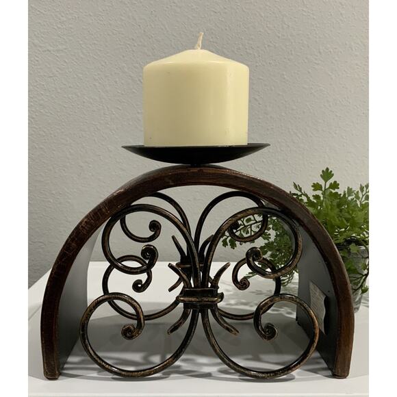 Vtg Brown Black Gold Rounded Arched Swirl Wrought Iron Pillar Candle Holder - Picture 1 of 7